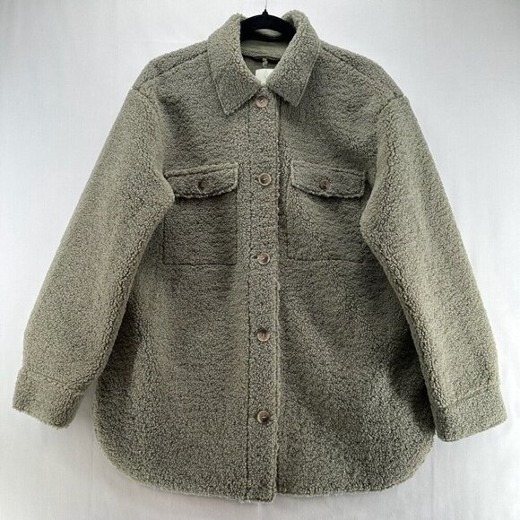 JOIE Shirt Jacket Womens M Sherpa Fleece Suede Lined Button Front Gray/Green - Picture 1 of 12